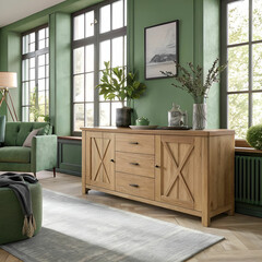 wood sideboard in green living room