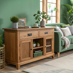 wood sideboard in green living room