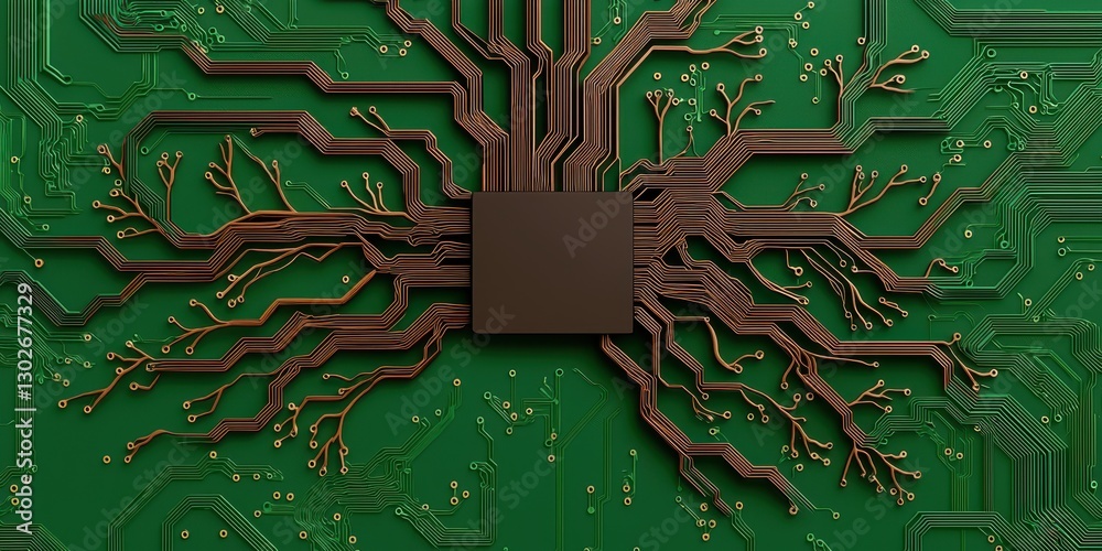 Aufkleber A close-up of a green circuit board featuring a central processor with multiple intricate copper pathways branching out.