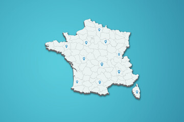 France 3D map illustration with province map pin on isolated background