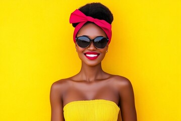 Fashionable woman in sunglasses and red headwrap smiling against a vibrant yellow background joyful and confident modern fashion photography