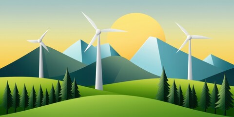 Fototapeta premium A vibrant landscape featuring wind turbines, green hills, and mountains under a bright sun, symbolizing renewable energy and nature's harmony.