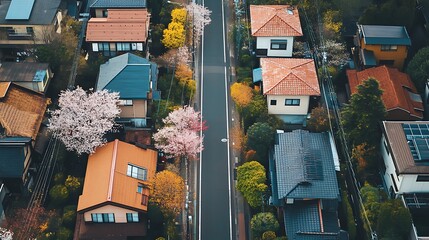 Aerial View of Residential Street with Cherry Blossoms