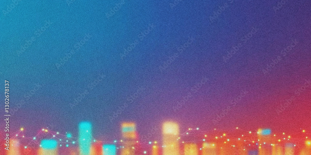 Poster Abstract Cityscape with Colorful Blurred Lights Creating a Dreamy Urban Environment at Night with a grainy gradient abstract noise texture Background banner wallpaper backdrop