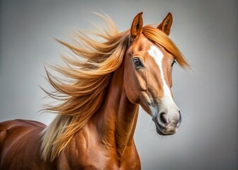 Obraz premium Majestic Brown Horse Vertical Portrait on White Background - Stock Photo