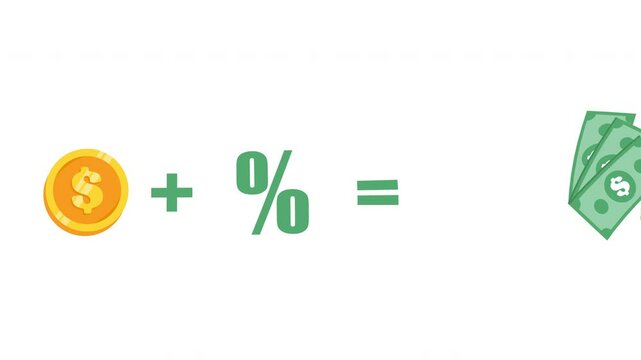 investment concept animation. golden coins, percentage and dollar bills. Investing strategy, fundamental analysis. Compound interest, reinvesting, earn money