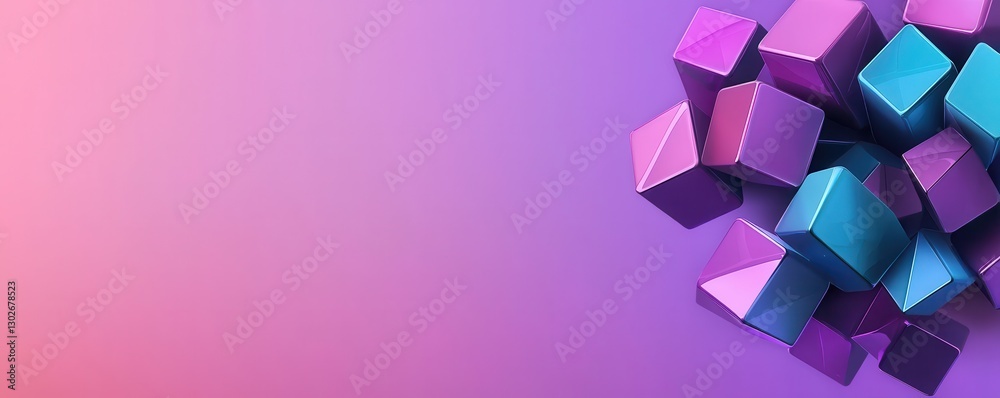 Poster a colorful arrangement of 3d cubes in shades of purple and blue against a soft gradient background.