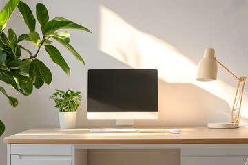 Fototapeta premium Warm and Inviting Minimalist Office Desk Setup with Aesthetic Decor Elements