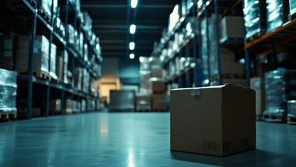 Single Cardboard Box in a Large Warehouse