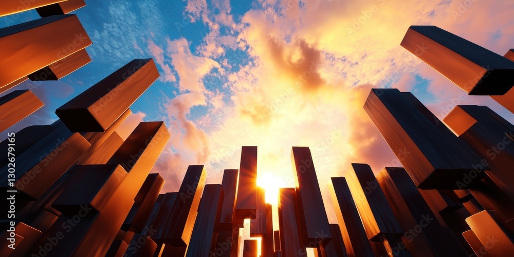 Poster A striking visual of abstract structures reaching towards a vibrant sunset, creating a dramatic contrast against the colorful sky.