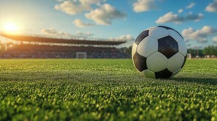 Fototapeta premium Soccer ball on a vibrant green field with a stadium backdrop, bathed in the warm glow of the setting sun and dotted with fluffy clouds.