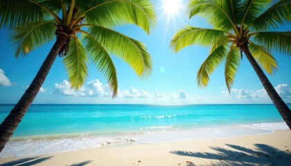 Fototapeta premium Sun-drenched palm trees arch over turquoise ocean waves on a pristine beach , palm trees, beach scene, sun
