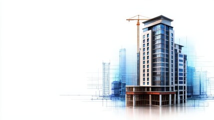 A creative construction company logo featuring a high-rise building silhouette with a subtle blueprint effect in the background.
