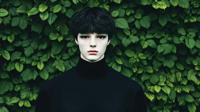 Slender nonbinary individual with pale skin and short dark hair standing against a dense green foliage background. Conceptual photography. Nature and identity concept.