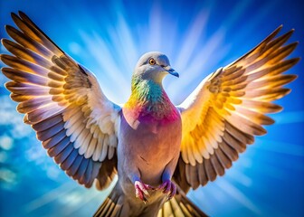 Obraz premium Majestic Dove in Flight: Macro Photography of Wings Against a Vivid Blue Sky