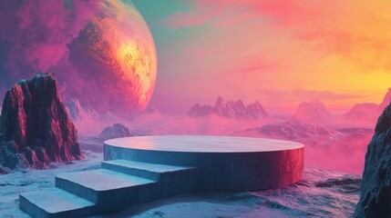 Empty podium set in a surreal extraterrestrial environment, with multi-colored skies and a large planet hovering overhead 