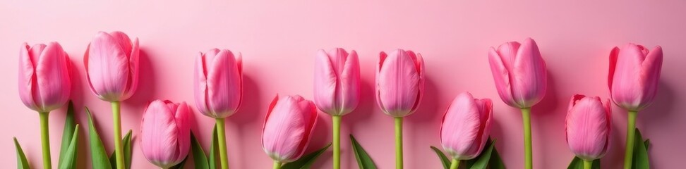 Fototapeta premium Symmetrical pink tulip bouquet, soft pink backdrop Spring elegance , bouquet, wedding, beauty