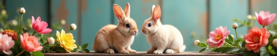 Obraz premium Two fluffy bunnies amongst a spring flower arrangement on aged wood , soft, pet portrait