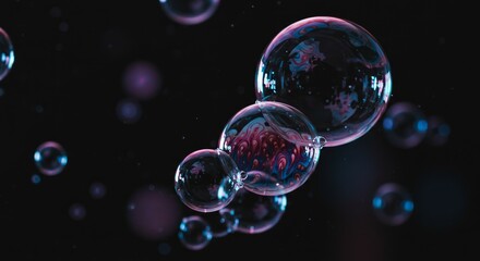 Floating iridescent soap bubbles in a dark atmosphere create a mesmerizing spectacle