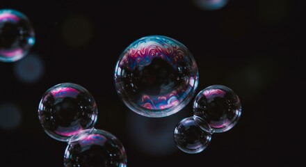 Naklejka premium Iridescent soap bubbles floating in a dark atmosphere with diffused lighting