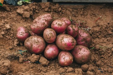 Bunch of dirty red potatoes on the ground