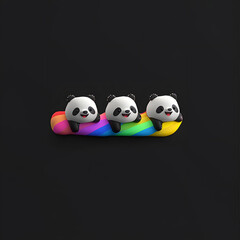 Three cute animated pandas on a rainbow swirl