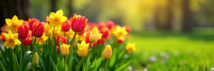 Obraz premium Vibrant tulips, daffodils burst on lush green lawn, spring, nature, beautiful