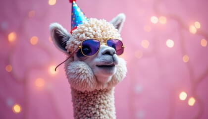 Delightful Llama Character Celebrates with Festive Hat and Trendy Sunglasses Amidst Soft Pink Bokeh Lights Setting a Playful Mood