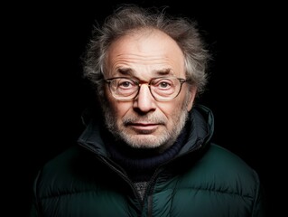 Obraz premium Elderly intellectual man with glasses and messy gray hair wearing dark jacket looking serious against black background with moody lighting