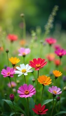 Fototapeta premium Wildflower patch, diverse blooms, soft focus background , focus, garden, delicate