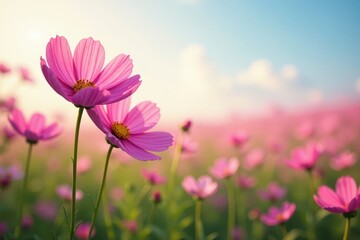Obraz premium Pink cosmos flowers sway gently in a summer field , landscape, romantic, image