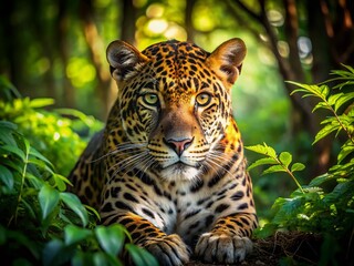 Fototapeta premium Majestic Leopard Hunting in Lush Forest - Wildlife Stock Photo