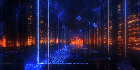 Fototapeta premium Futuristic Cityscape at Night with Glowing Blue and Orange Lights