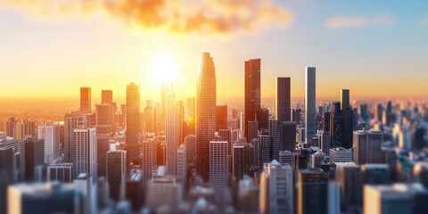 Fototapeta premium A stunning city skyline at sunset, showcasing tall buildings against a colorful sky filled with warm hues of orange and blue.