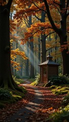 Beautiful German Fairy Tale Forest in Autumn with vibrant foliage and charming wooden structure surrounded by lush greenery. Concept features German Fairy Tale Forest in Autumn