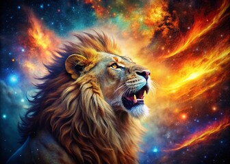 Fototapeta premium Majestic Lion Zodiac Sign in Cosmic Fire: Astrological Space Background Stock Photo