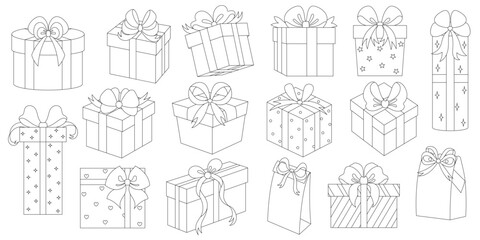 Сollection coloring books of gift boxes with beautiful ribbon bows. Doodle illustration of cartoon flat cute presents isolated on white background for Christmas, birthday, anniversary, Valentine`s day