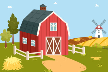 Cartoon farm landscape with yard and barn. Farm yard, rural landscape. Breeding domestic animals on farms, animal husbandry in agriculture.