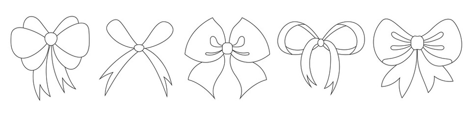 Collection coloring books of bowknots made of satin ribbon. Bows for decoration. Large retro hand drawn ribbons Illustration. Cartoon bows knot, gift ribbons.