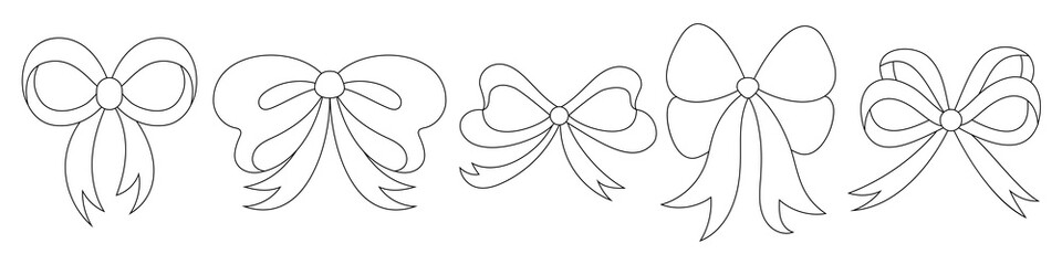 Collection coloring books of pretty satin ribbon bows for girls. Bowknots for decoration. Large retro hand drawn ribbons Illustration. Cartoon bows knot, gift ribbons.