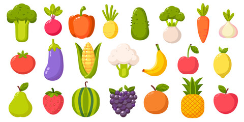 Set of cartoon fruit and vegetables isolated on white background. Food vector illustration.