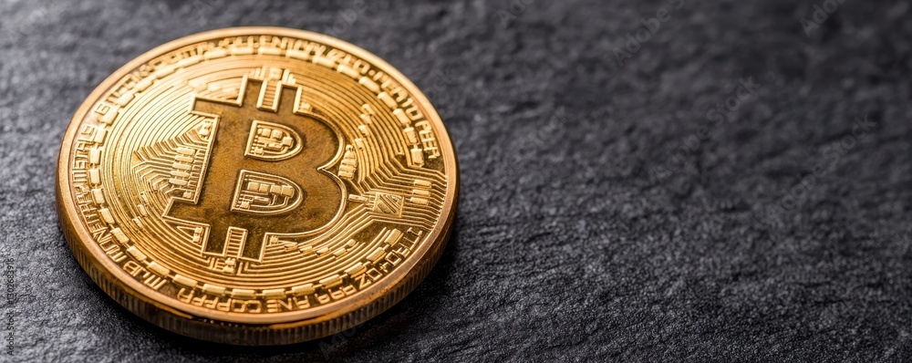 Poster A close-up of a Bitcoin on a dark surface, highlighting its intricate design and golden color.