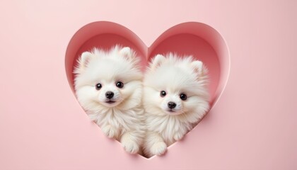 Charming Pair of Fluffy White Puppies Inside a Heart Shape on a Soft Pink Background, Evoking Feelings of Love, Affection, and Sweet Companionship, Ideal for Valentine's Day