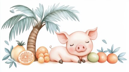 Obraz premium A cute illustration of a sleeping pig surrounded by vibrant fruits and a palm tree, evoking a tropical and cheerful atmosphere.