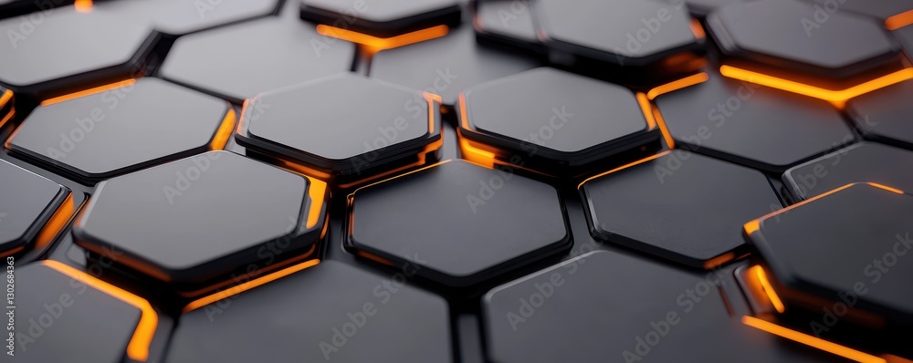 Poster A close-up view of a hexagonal pattern with glowing orange edges against a dark background, creating a modern, tech-inspired design.