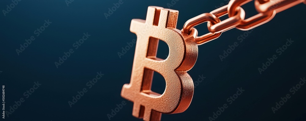 Poster a close-up of a bitcoin symbol linked to a chain, representing cryptocurrency, security, and the con