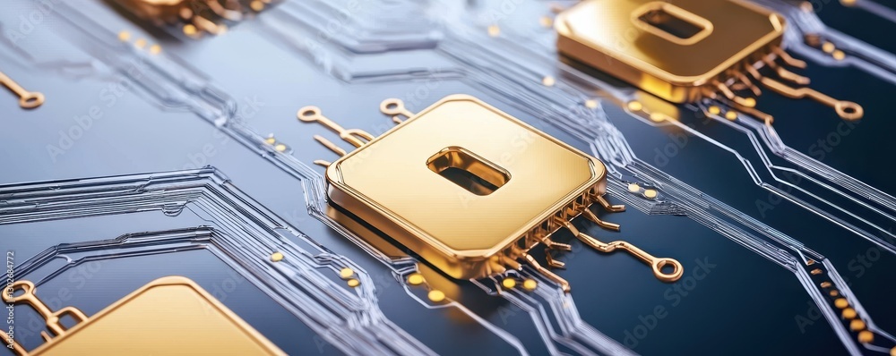 Poster a close-up of a circuit board featuring golden microchips and intricate pathways, emphasizing techno