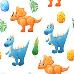 Kids seamless pattern with cute dinosaur character and tropical leaves
