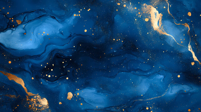 Abstract blue marble texture with gold splashes, blue luxury background