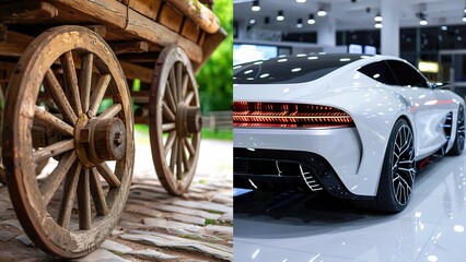 Contrasting two wheels: a wooden cart wheel and a modern sleek car wheel, showcasing the evolution of transportation. generation comparison, old vs new age